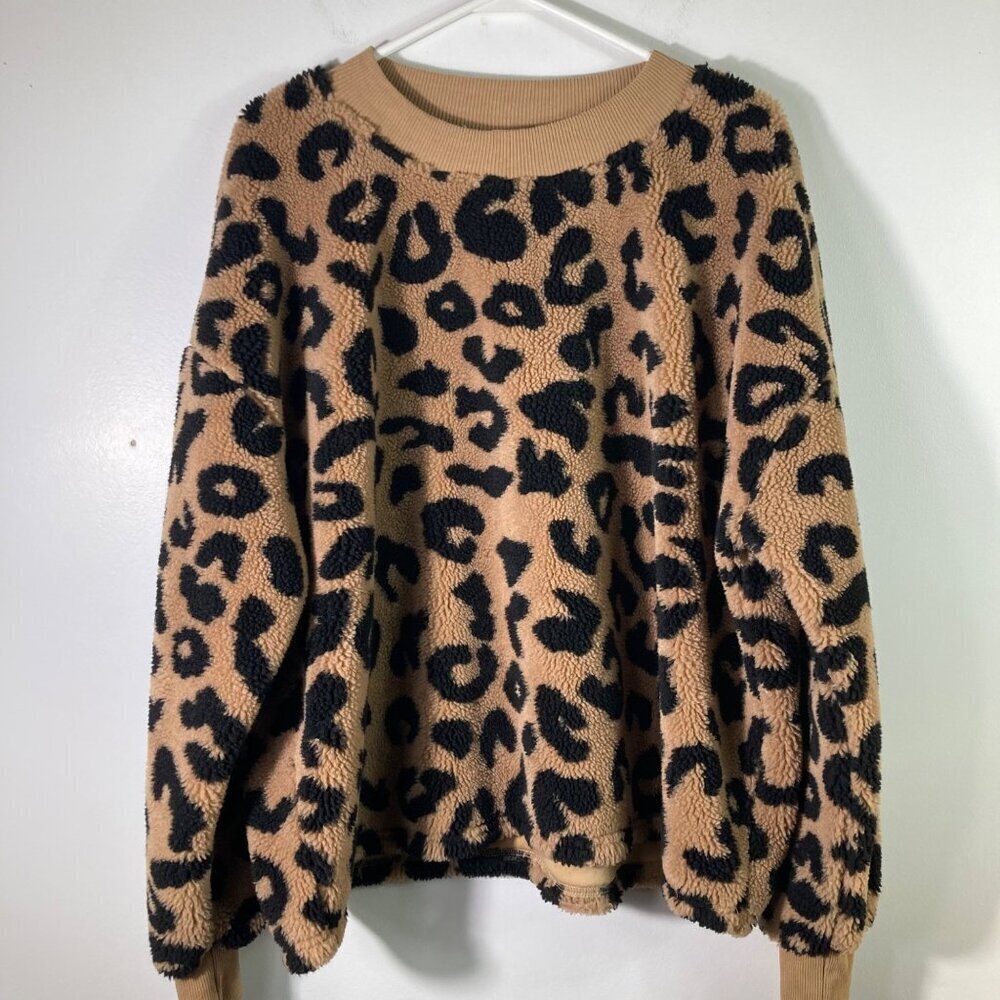 Womens Amaryllis Pullover Sweater Sweatshirt‎ Leopard Faux Fur Brown Black 1X